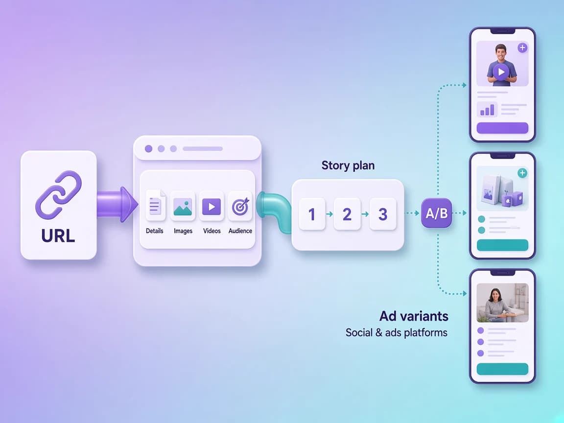 رسم توضيحي لرابط منتج يتحول إلى متغيرات إعلانات فيديو بالذكاء الاصطناعي لمقارنة Creatify.ai وAlkanzo.ai