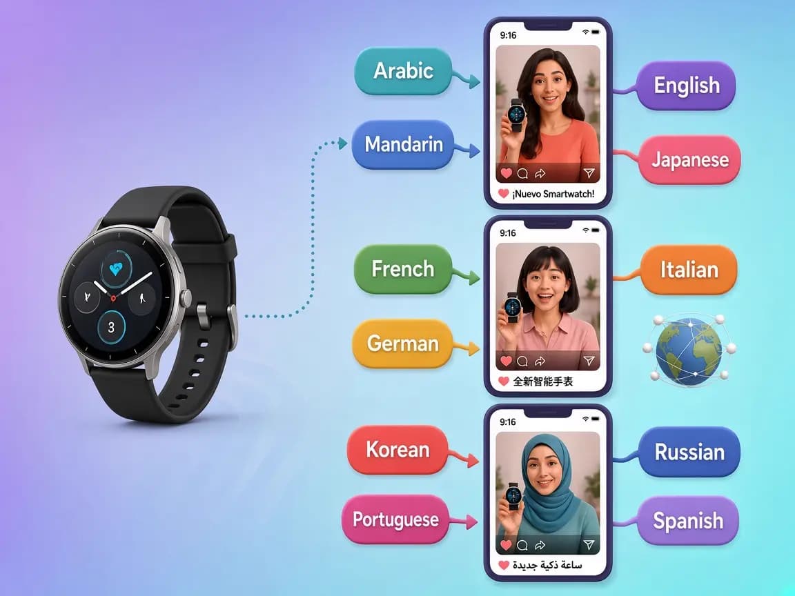 منتج تجميلي واحد يتحول إلى ثلاثة إعلانات فيديو محلية بنسبة 9:16 مع مقدّمات من أعراق متنوعة يحملن نفس زجاجة السيروم، محاطة بفقاعات لغات: العربية، الماندرين، الإنجليزية، الفرنسية، الألمانية، الإيطالية، اليابانية، الكورية، البرتغالية، الروسية، والإسبانية