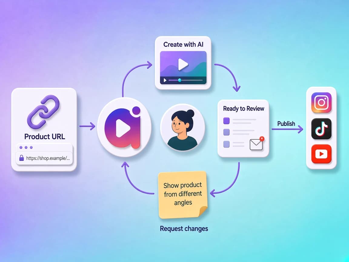 سير عمل Alkanzo من رابط منتج عبر Create with AI، جاهز للمراجعة مع بريد إلكتروني، حلقة Request changes أو النشر على Instagram وTikTok وYouTube