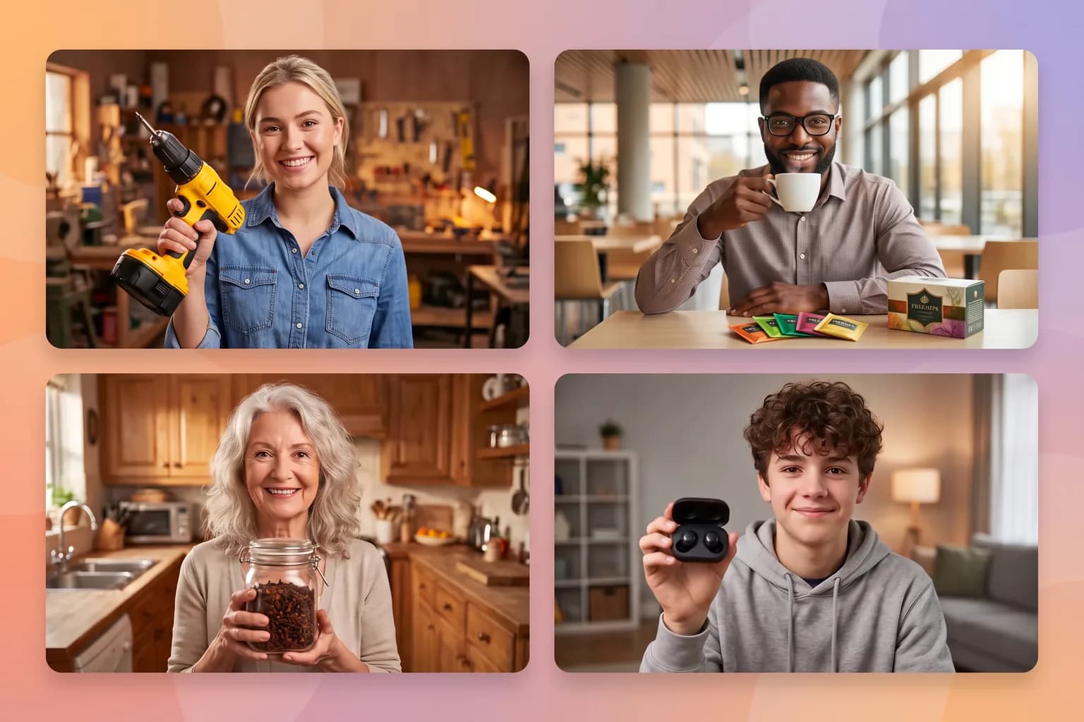 Realistic custom presenters of varied ages, ethnicities, and genders in rounded 16:9 cards on an abstract gradient background, promoting premium tea in a kitchen, a cordless drill in a home workshop, and artisan pastries with coffee in a cafe